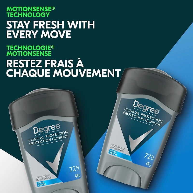 Bâton Antisudorifique pour contrôler la transpiration Degree Men Clinical+ Propre protection antibactérienne contre les odeurs 48 g