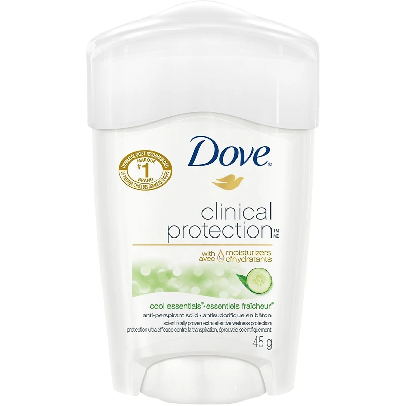 Antisudorifique en bâton pour peaux sensibles Dove Protection Clinique Essentiels Fraîcheur protection antibactérienne contre les odeurs 45 g