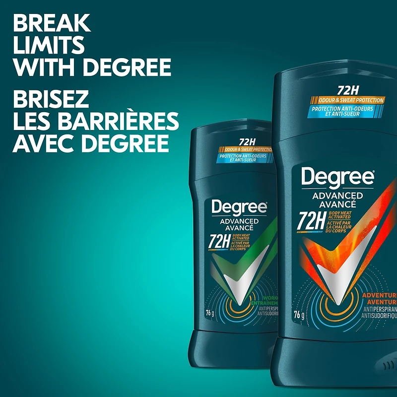 Degree Men Advanced Antisudorifique en Bâton pour 72 h de protection anti-sueur et anti-odeurs Aventure désodorisant avec technologie motionsense 76 g