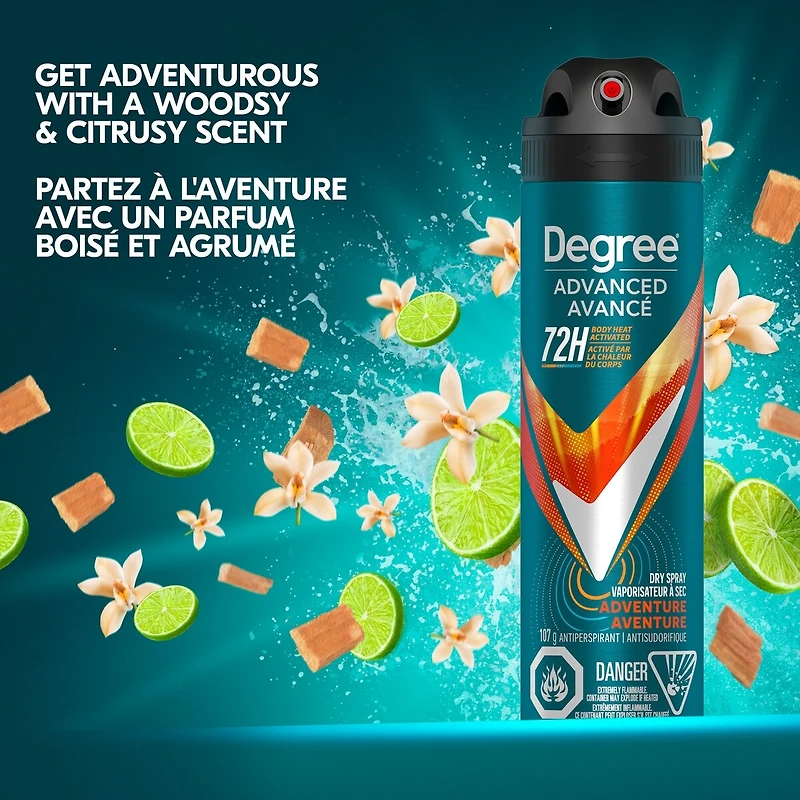 Degree Men Advanced Antisudorifique en Vaporisateur à Sec pour 72 h de protection contre les odeurs et la transpiration Aventure avec technologie MotionSense® 107 g