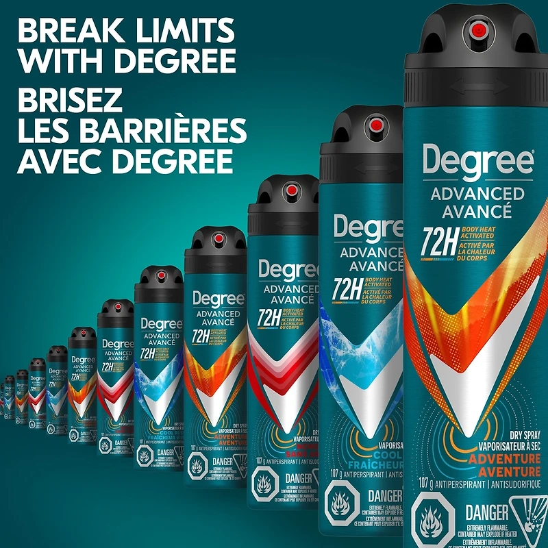 Degree Men Advanced Antisudorifique en Vaporisateur à Sec pour 72 h de protection contre les odeurs et la transpiration Aventure avec technologie MotionSense® 107 g