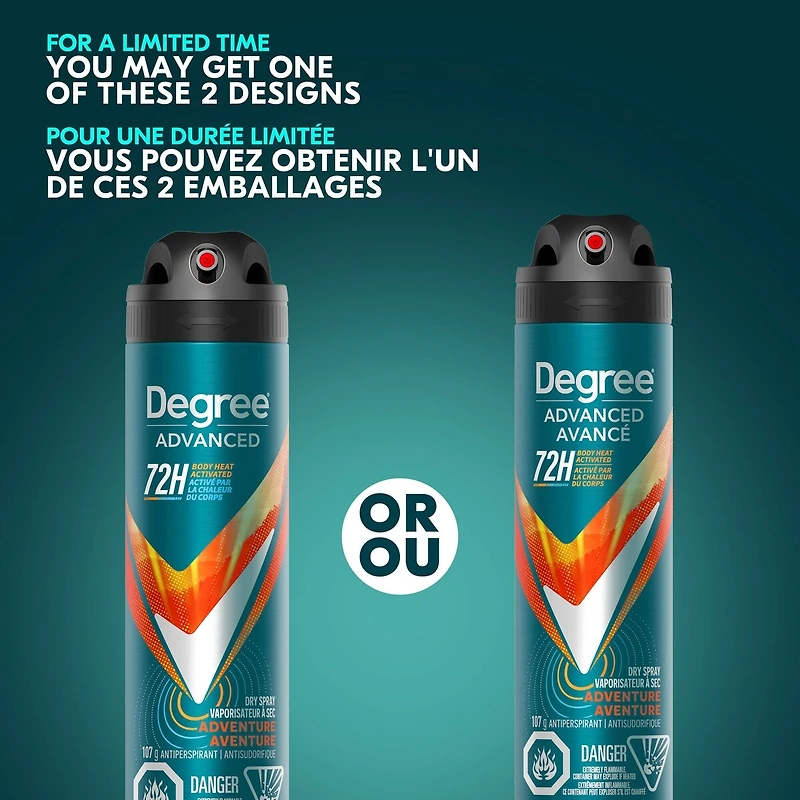 Degree Men Advanced Antisudorifique en Vaporisateur à Sec pour 72 h de protection contre les odeurs et la transpiration Aventure avec technologie MotionSense® 107 g