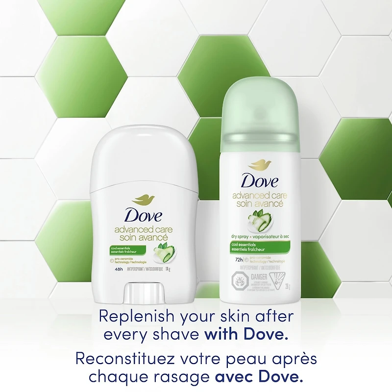 Vaporisateur sec Antisudorifique Dove Essentiels fraîcheur protection antibactérienne contre les odeurs 28 GR