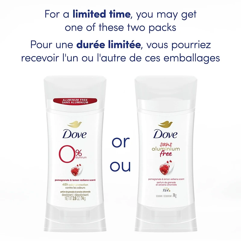 Désodorisant en bâton pour des aisselles douces Dove 0 % Aluminium Grenade et Verveine Citronnelle protection 48 h contre les odeurs 74 g