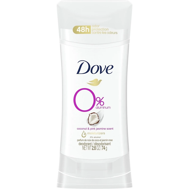 Dove 0% Aluminum Deodorant for smooth underarms Coconut and Pink Jasmine antibacterial odour protection 74 g