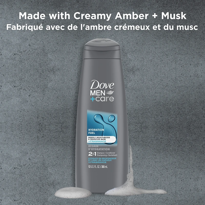 Shampooing + Revitalisant Fortifiant 2-en-1 avec des agents revitalisants Dove Men+Care Carburant Hydratant fortifie à chaque lavage 355 ml