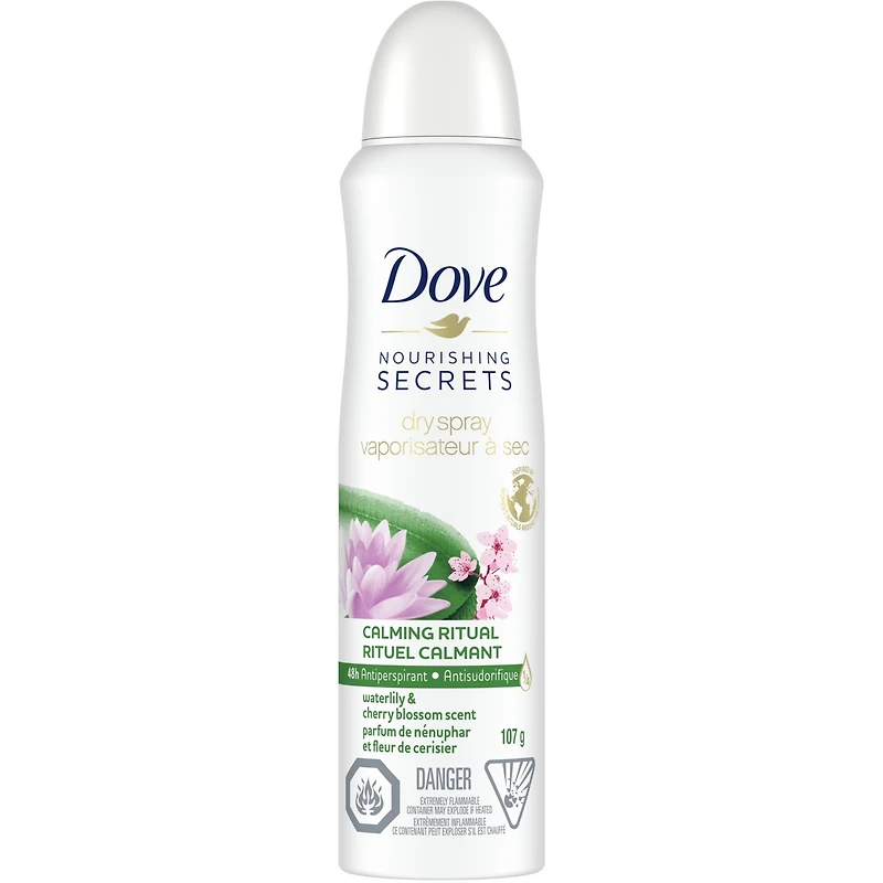 Antisudorifique en vaporisateur à sec pour femmes Dove Nourishing Secrets Nénuphar et Fleur de Cerisier 48 h de protection contre les odeurs et la transpiration 107 g
