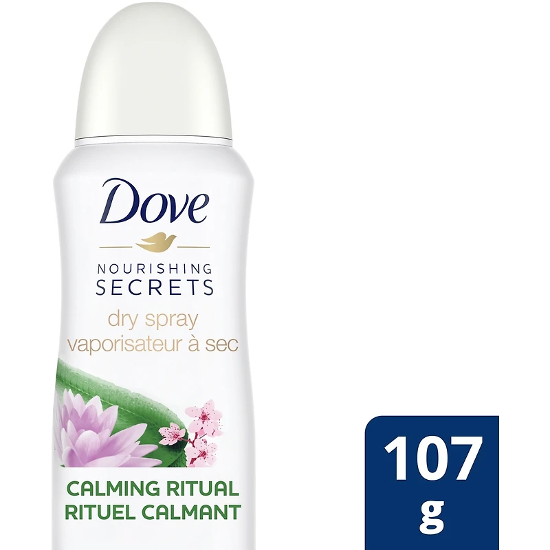 Antisudorifique en vaporisateur à sec pour femmes Dove Nourishing Secrets Nénuphar et Fleur de Cerisier 48 h de protection contre les odeurs et la transpiration 107 g