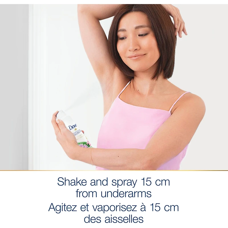 Antisudorifique en vaporisateur à sec pour femmes Dove Nourishing Secrets Nénuphar et Fleur de Cerisier 48 h de protection contre les odeurs et la transpiration 107 g