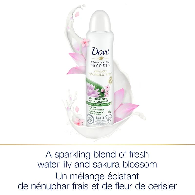 Antisudorifique en vaporisateur à sec pour femmes Dove Nourishing Secrets Nénuphar et Fleur de Cerisier 48 h de protection contre les odeurs et la transpiration 107 g