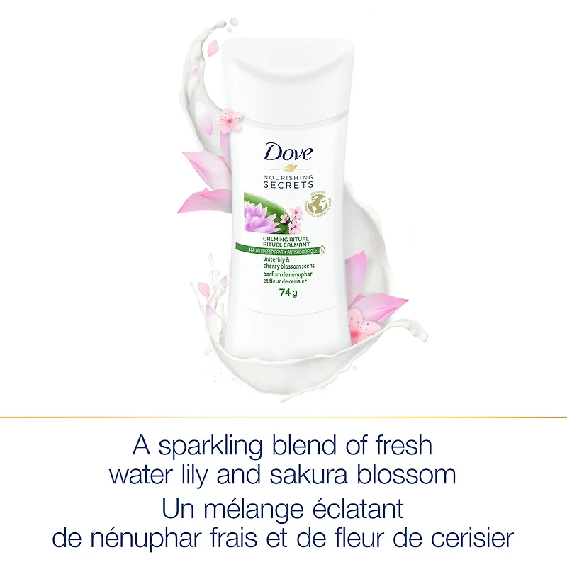 Antisudorifique en bâton pour femmes pour 48 h de protection contre la transpiration et des aisselles douces et confortables Dove Nourishing Secrets Nénuphar et Fleur de Cerisier sans crauté 74 g