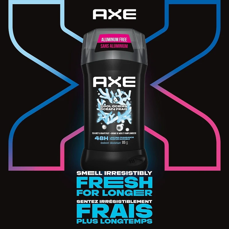 Désodorisant en bâton protection longue durée contre les odeurs avec 48 h de parfum léger et frais AXE  Cool Ocean formulé sans aluminium 85 g