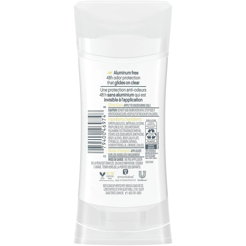 Désodorisant en Bâton pour 48 h de protection contre les odeurs Dove 0 % Aluminium Parfum de Lavande et Vanille désodorisant sans aluminium pour des aisselles lisses