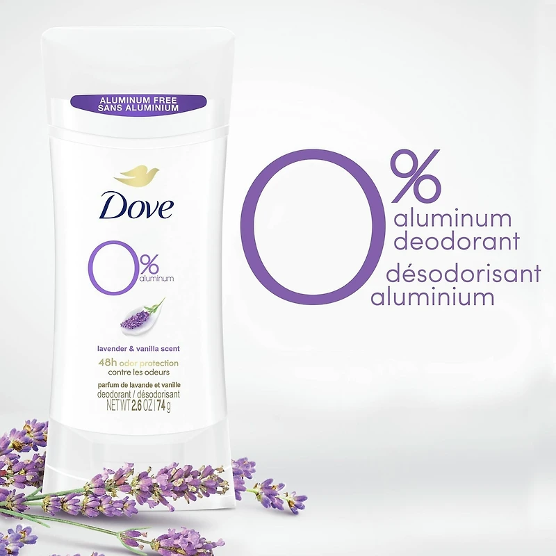 Désodorisant en Bâton pour 48 h de protection contre les odeurs Dove 0 % Aluminium Parfum de Lavande et Vanille désodorisant sans aluminium pour des aisselles lisses