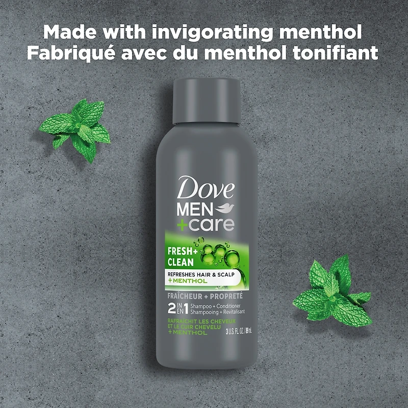 Dove Men+Care 2 in 1 Shampoo and Conditioner for daily use Fresh and Clean with caffeine and menthol 89mL