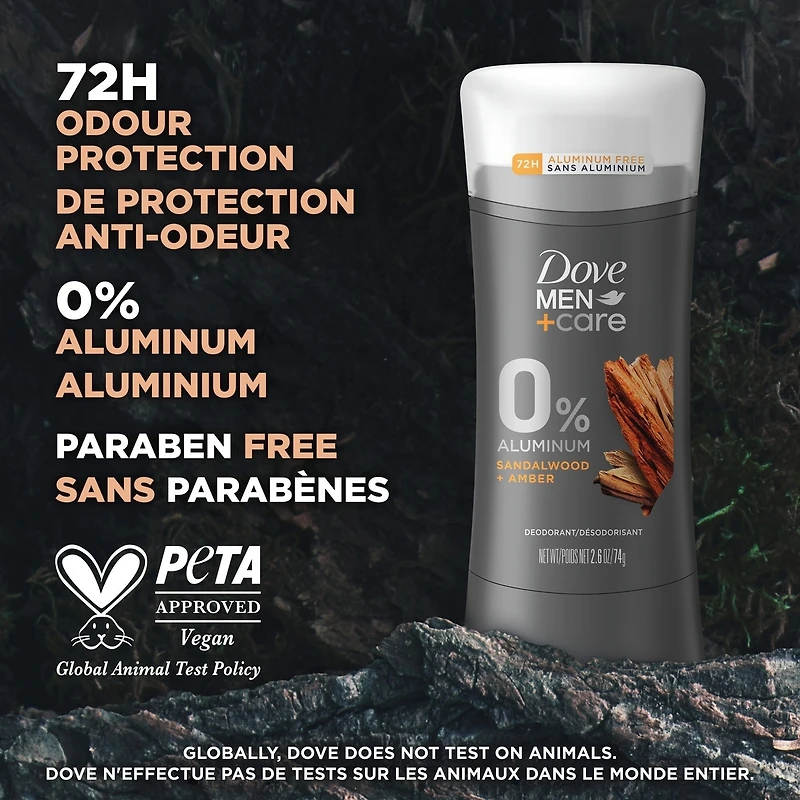 Men+Care 0% Aluminum Déodorant 72h Men's Aluminum-Free Deodorant Sandalwood & Amber Scent with Plant-Based Moisturizer