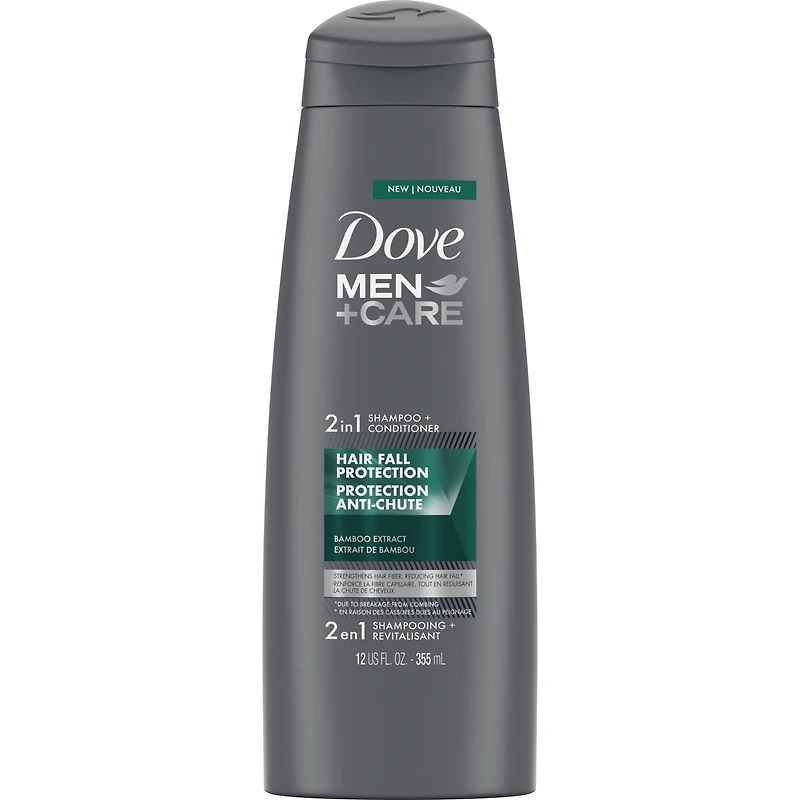Shampooing et Revitalisant 2 en 1 Dove Men+Care Protection Anti-Chute Renforce la fibre capillaire avec extrait de bambou 355 ml