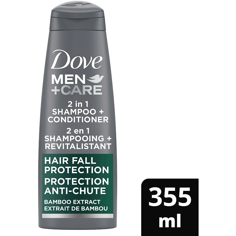 Shampooing et Revitalisant 2 en 1  Dove Men+Care  Protection Anti-Chute Renforce la fibre capillaire avec extrait de bambou 355 ml