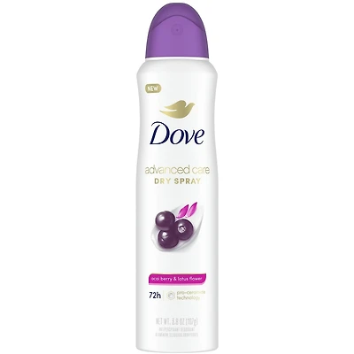 Advanced Care Dry Spray Antiperspirant Deodorant for Women Açaí Berry & Lotus Flower Scent Spray Deodorant with Pro-Ceramide Technology for Soft, Resilient Skin