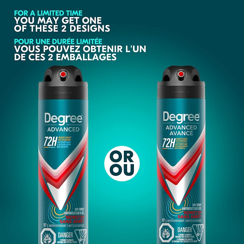 Antisudorifique en Vaporisateur à Sec pour 72 h de protection contre les odeurs et la transpiration Degree Men Advanced Sans Arrêt avec technologie MotionSense®