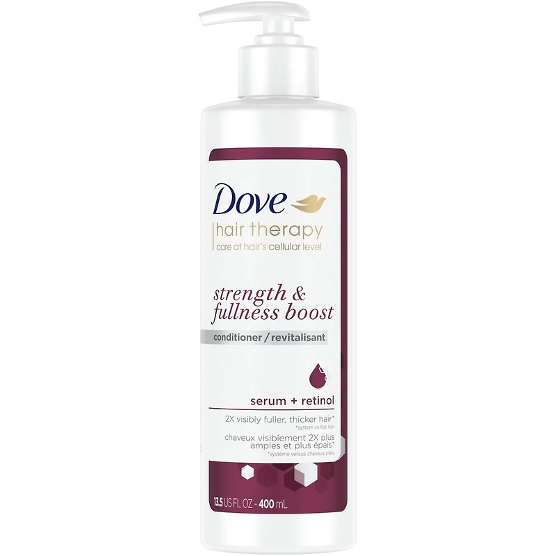 Revitalisant pour cheveux fins et clairsemés Dove Hair Therapy Strength & Fullness Boost pour des cheveux visiblement 2X plus amples et plus épais 400 ml