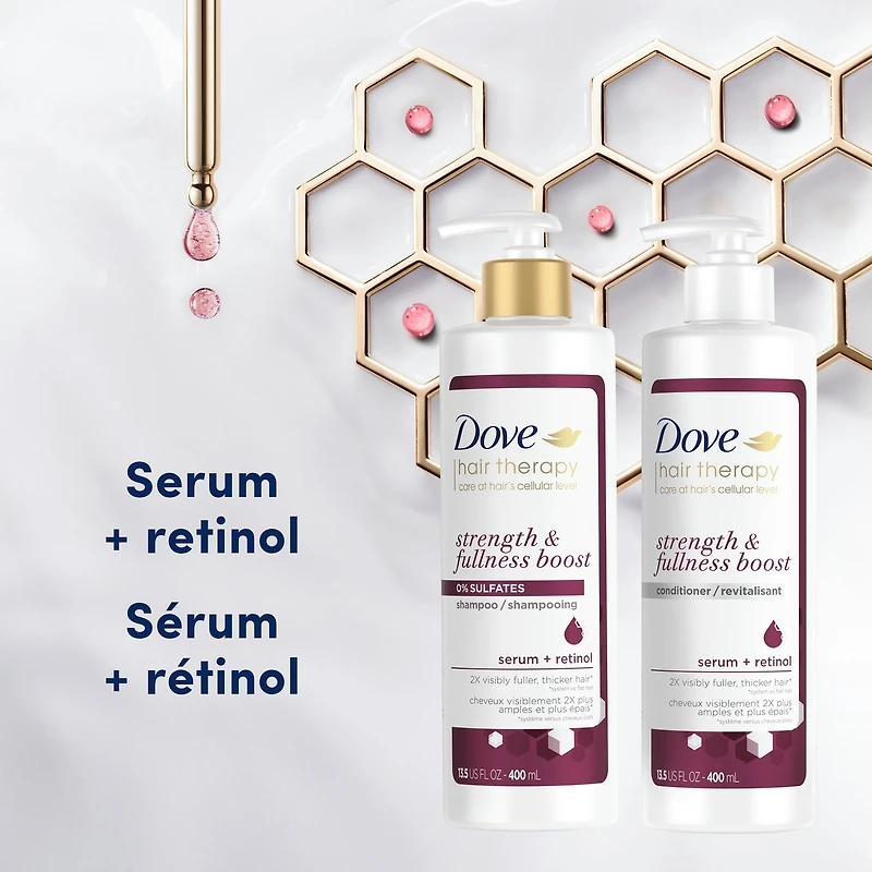 Revitalisant pour cheveux fins et clairsemés Dove Hair Therapy Strength & Fullness Boost pour des cheveux visiblement 2X plus amples et plus épais 400 ml