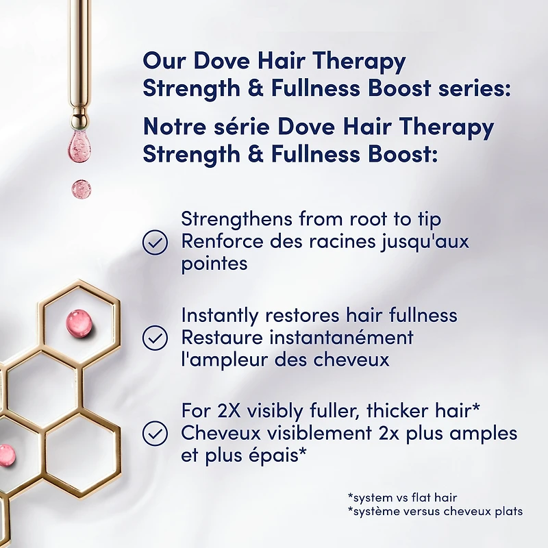Revitalisant pour cheveux fins et clairsemés Dove Hair Therapy Strength & Fullness Boost pour des cheveux visiblement 2X plus amples et plus épais 400 ml