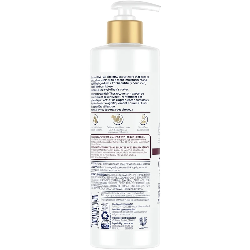 Shampooing pour cheveux fins et clairsemés Dove Hair Therapy Strength & Fullness Boost 0 % sulfates pour des cheveux visiblement 2X plus amples et plus épais 400 ml