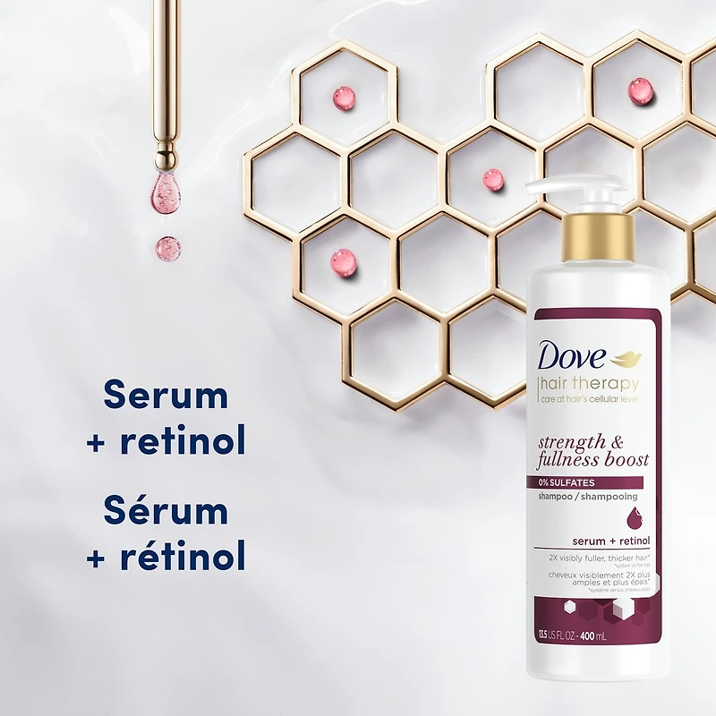 Shampooing pour cheveux fins et clairsemés Dove Hair Therapy Strength & Fullness Boost 0 % sulfates pour des cheveux visiblement 2X plus amples et plus épais 400 ml