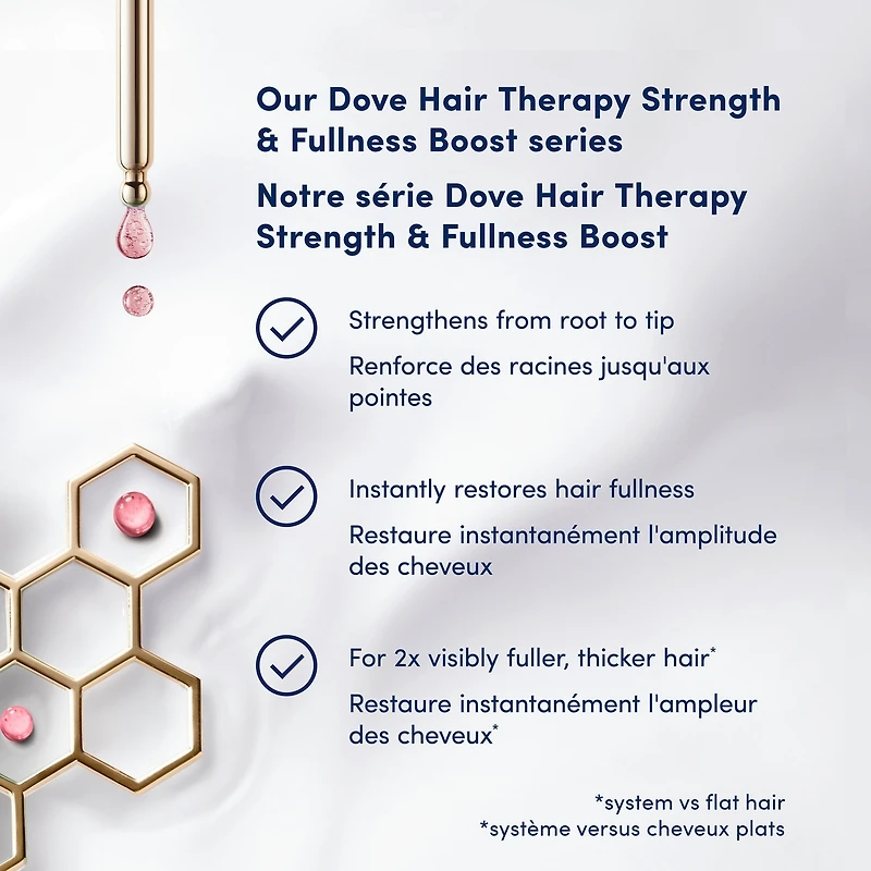 Shampooing pour cheveux fins et clairsemés Dove Hair Therapy Strength & Fullness Boost 0 % sulfates pour des cheveux visiblement 2X plus amples et plus épais 400 ml