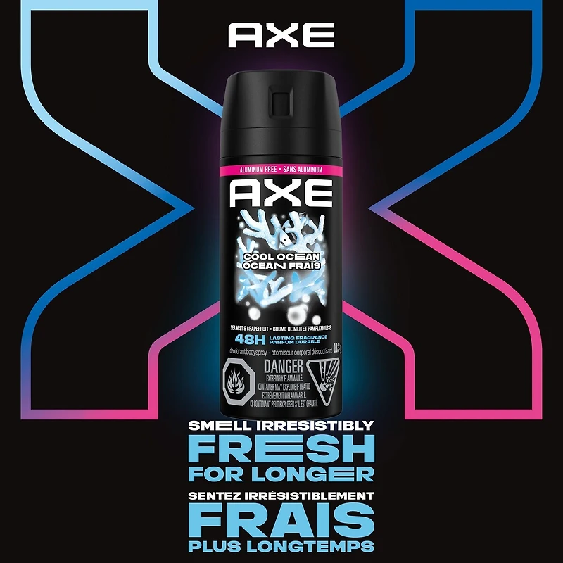 AXE  Deodorant Body Spray Long lasting odour protection with 48 hour light & refreshing scent Cool Ocean men’s deodorant formulated without aluminum 113 g
