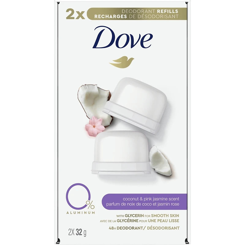 Recharges de Désodorisant pour 48 h de protection anti-odeurs Dove 0 % Aluminium Coconut & Pink Jasmine désodorisant sans aluminium pour femmes 32 g Lot de 2