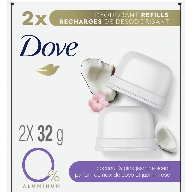 Recharges de Désodorisant pour 48 h de protection anti-odeurs Dove 0 % Aluminium Coconut & Pink Jasmine désodorisant sans aluminium pour femmes 32 g Lot de 2