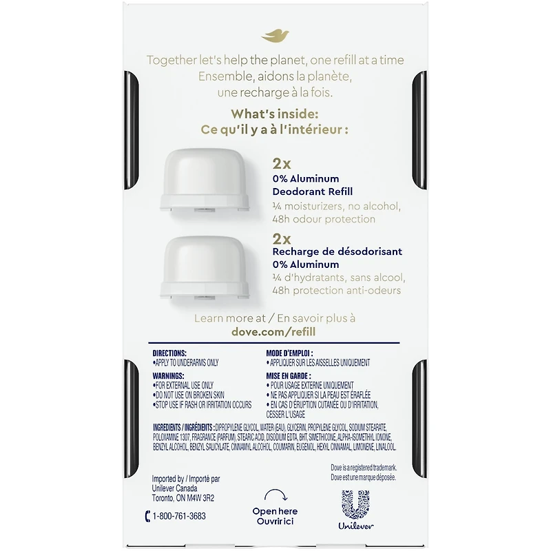 Recharges de Désodorisant pour 48 h de protection anti-odeurs Dove 0 % Aluminium Coconut & Pink Jasmine désodorisant sans aluminium pour femmes 32 g Lot de 2