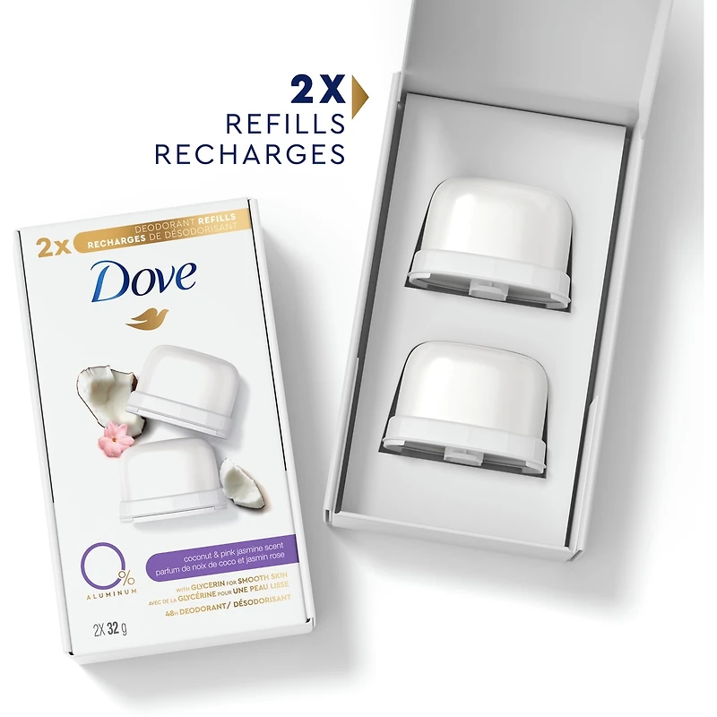 Recharges de Désodorisant pour 48 h de protection anti-odeurs Dove 0 % Aluminium Coconut & Pink Jasmine désodorisant sans aluminium pour femmes 32 g Lot de 2