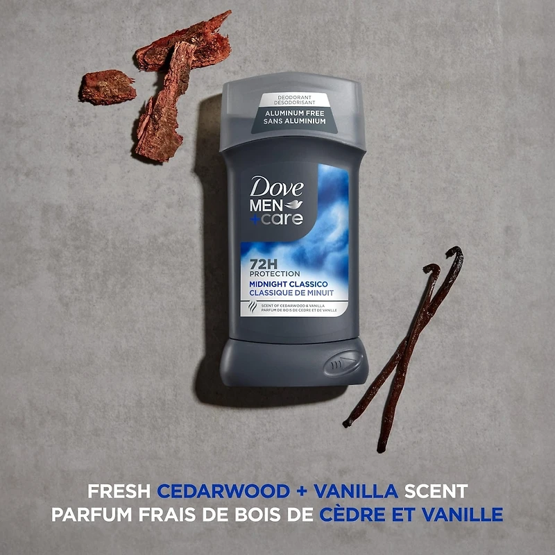 Désodorisant en Bâton formule sans aluminium pour 72 h de protection anti-odeurs Dove Men+Care Midnight Classico avec huiles essentielles et ¼ de crème hydratante 85 g