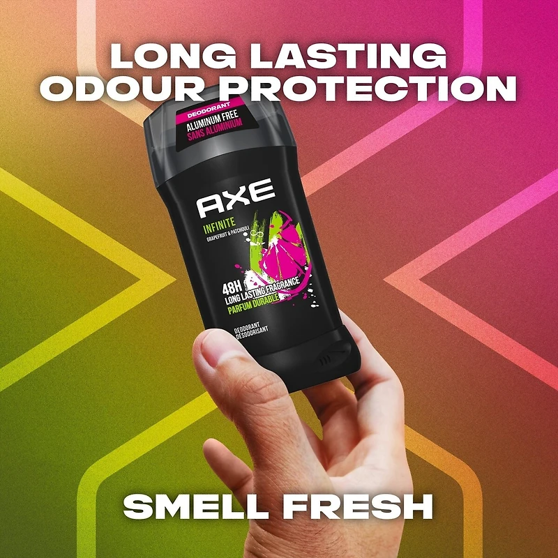 Désodorisant en Bâton pour une protection longue durée contre les odeurs AXE Infinite Pamplemousse et Patchouli formulé sans aluminium