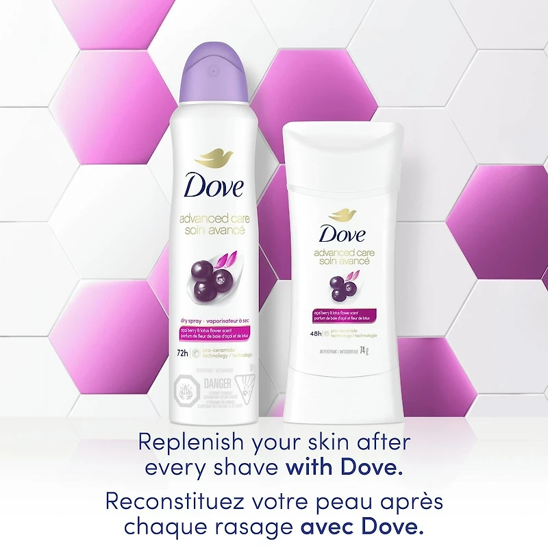 Antisudorifique en Bâton pour 48 h de protection contre la transpiration et les odeurs Dove Advanced Care Baie d'Açaï et Fleur de Lotus formule non irritante sans alcool éthanol