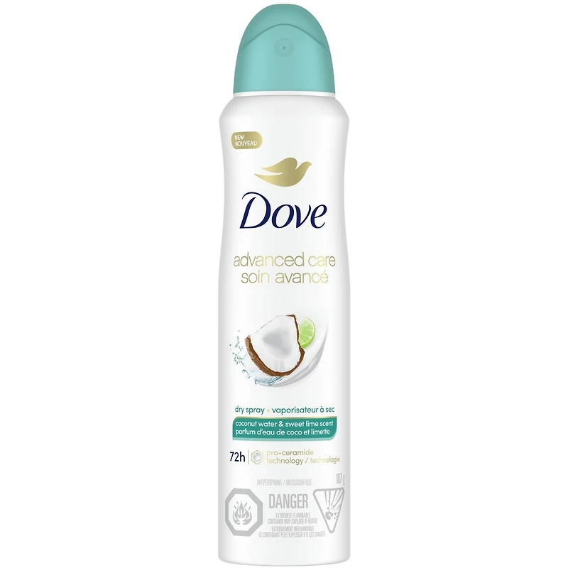 Antisudorifique 72 h parfum d'eau de coco et limette Dove Soin Avancé vaporisateur à sec pour femme avec 1/4 d'hydratants pour des aisselles douces et lisses