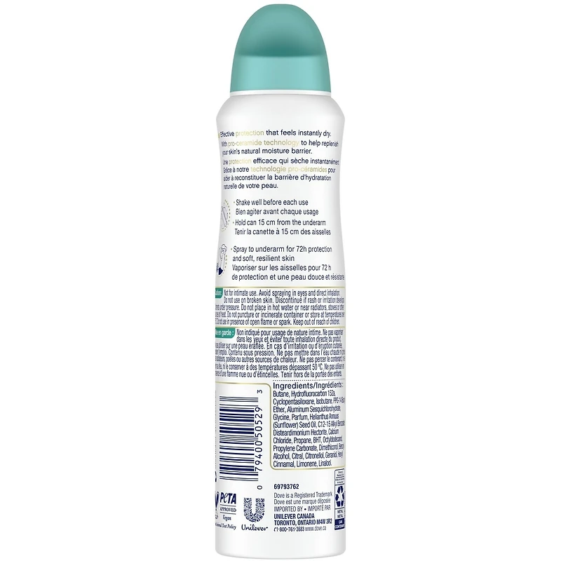 Antisudorifique 72 h parfum d'eau de coco et limette Dove Soin Avancé vaporisateur à sec pour femme avec 1/4 d'hydratants pour des aisselles douces et lisses