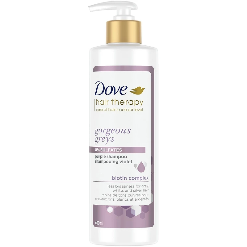 Shampooing Violet pour cheveux gris, blancs et argentés Dove Hair Therapy Gorgeous Greys shampooing sans sulfates avec complexe de biotine