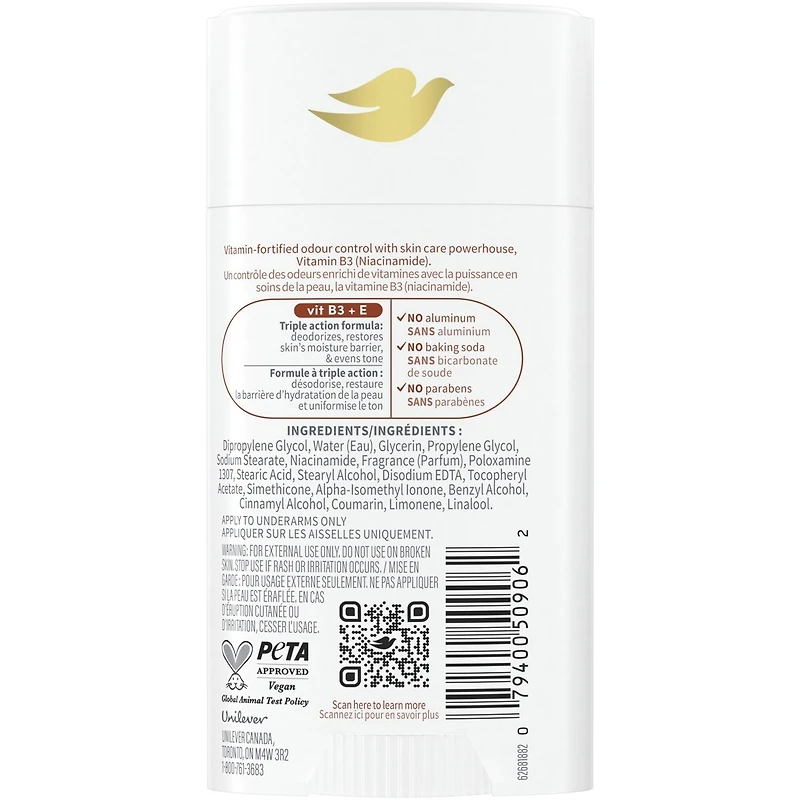 Désodorisant en Bâton désodorisant sans aluminium pour femme Dove Vitamin Care+ parfum de noix de coco et beurre de karité 72 h de protection anti-odeur respirante avec vitamines B3 + E