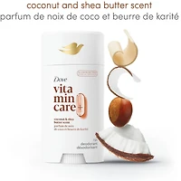 Désodorisant en Bâton désodorisant sans aluminium pour femme Dove Vitamin Care+ parfum de noix de coco et beurre de karité 72 h de protection anti-odeur respirante avec vitamines B3 + E