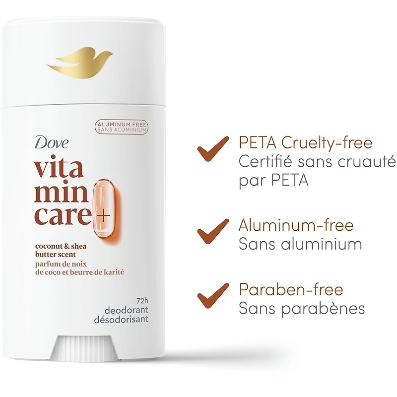 Désodorisant en Bâton désodorisant sans aluminium pour femme Dove Vitamin Care+ parfum de noix de coco et beurre de karité 72 h de protection anti-odeur respirante avec vitamines B3 + E