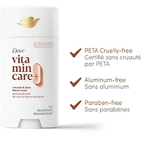 Désodorisant en Bâton désodorisant sans aluminium pour femme Dove Vitamin Care+ parfum de noix de coco et beurre de karité 72 h de protection anti-odeur respirante avec vitamines B3 + E