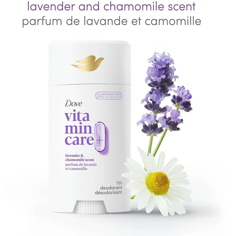 Désodorisant Sans Aluminium Parfum de Lavande et Camomille Dove Vitamin Care+ 72 h de protection anti-odeur respirante avec vitamines B3 + E