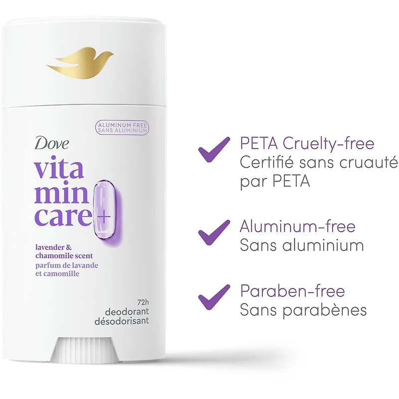 Désodorisant Sans Aluminium Parfum de Lavande et Camomille Dove Vitamin Care+ 72 h de protection anti-odeur respirante avec vitamines B3 + E