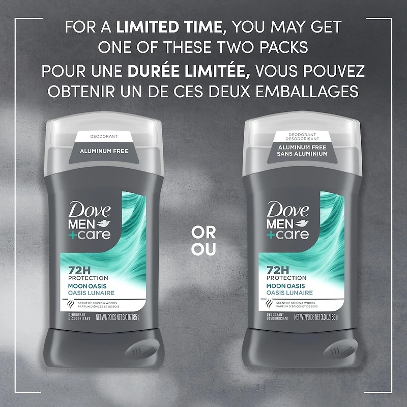 Désodorisant 72 h sans aluminium pour homme Dove Men+Care Moon Oasis avec formule non irritante, 1/4 de crème hydratante et vitamine E