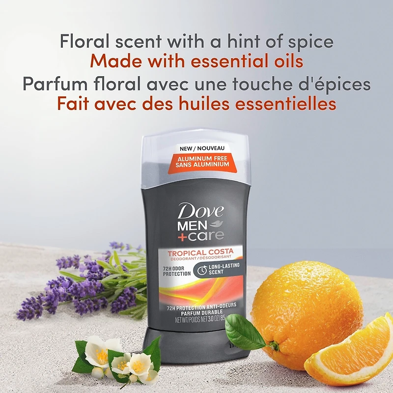 Désodorisant 72 h sans aluminium pour homme Dove Men+Care  Tropical Costa avec formule non irritante, 1/4 de crème hydratante et vitamine E