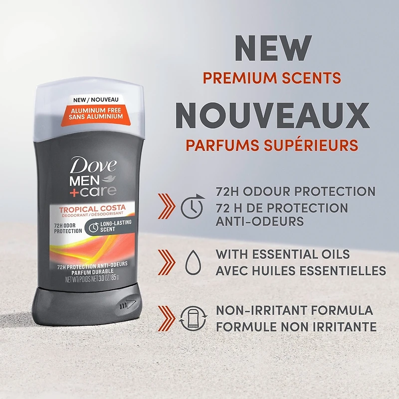Désodorisant 72 h sans aluminium pour homme Dove Men+Care  Tropical Costa avec formule non irritante, 1/4 de crème hydratante et vitamine E
